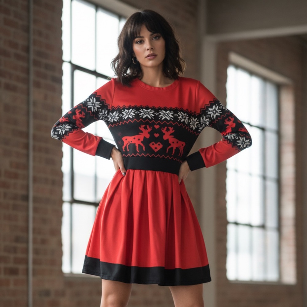Women Christmas Mini Dress Ladies Long Sleeve Reindeer Snowflake Print